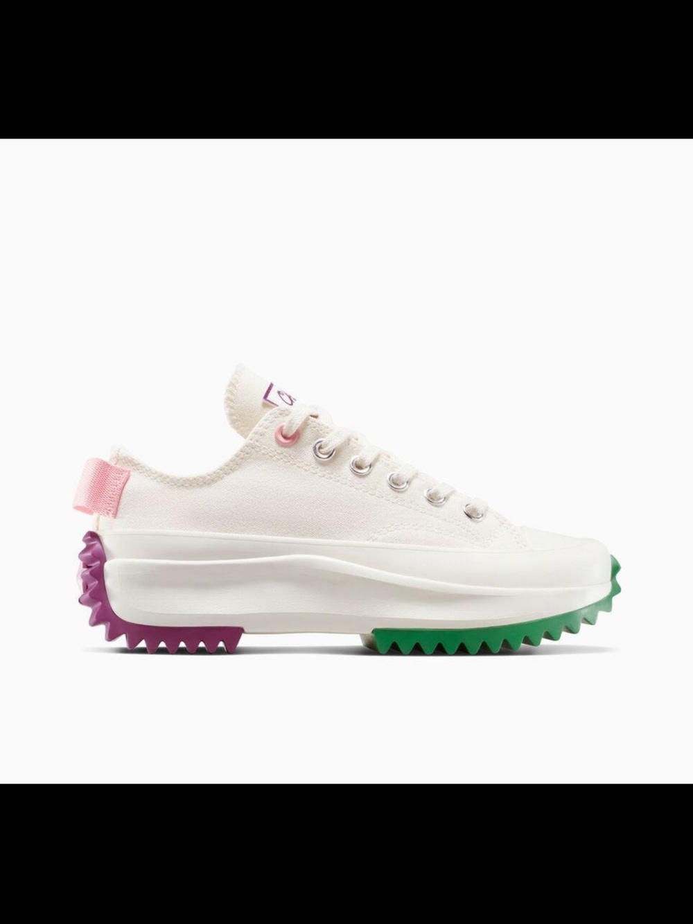Converse White Low-Top Platform Sneaker with Green and Purple Tread